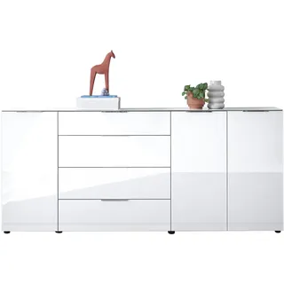 Sideboard Kommode SANTORIN weiß mit Glasfront, Schrank Korpus in weiß mit Oberboden in Glas und Schubladen für Ihren Wohnbereich - 226 x 99 x 40 cm (B/H/T)