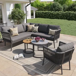 Flieks Rattan Gartenloungeset 6-tlg., Balkonmöbelset für 5-6 Personen, Gartenmöbel-Set mit 2 Gartentischen, Gartengarnitur mit Ecksofa und Stuhl, Grau - Grau