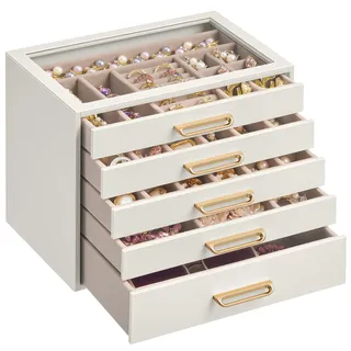 SONGMICS Schmuckkästchen, Schmuckkasten mit 5 Ebenen, Schmuckbox mit Glasdeckel, Schmuckaufbewahrung 5 Schubladen, geräumig, modern, Geschenkidee, 17,2 x 24 x 18,4 cm, cremeweiß JBC205WD01