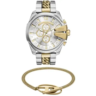 Diesel Herren Mega Chief Multicolor Uhr und Oval D Logo Armband aus goldfarbenem Edelstahl, Set