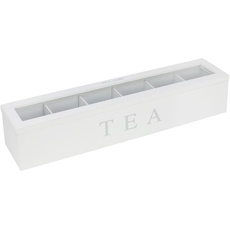 com-four® Teebox mit 6 Fächern für bis zu 90 Teebeutel, weiße Aufbewahrungsbox aus Holz, Teebeutelbox mit Sichtfenster, Teekiste, Teeaufbewahrung (01 Stück - 43x9x8.7cm Weiß)