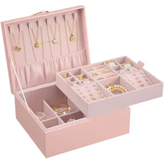 SONGMICS Schmuckkästchen 2 Ebenen, mit Schloss, 23,9 x 20 x 11,2 cm | Schmuckkasten, flexibles Schmucktablett, mit Griff, Geschenkidee, Gelee-Rosa, GREETA Kollektion JBC165R01