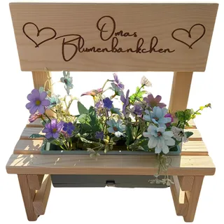 KlaSa Kreativwerkstatt Blumenbank aus Holz mit Gravur,Dekorative Pflanzbank mit Blumenkasten,Geschenk für Mama,Oma,Gartenbank für Balkon&Terrasse, Outdoor Muttertag (Omas Blumenbänkchen)