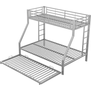 Etagenbett mit 2 Schlafgelegenheiten, Ausziehbett, Leiter und Rausfallschutz, 90x200cm/140x200cm, Kinderbett, Metallbett - Grau