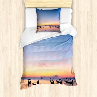 ABAKUHAUS Angeln Mantele, Sonnenuntergang am Meer Schiffe, Milbensicher Allergiker geeignet mit Kissenbezügen, 135 cm x 200 cm - 80 x 80 cm, Blau, Gelb, Koralle - Blau