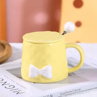 VollfitYYu Kaffeebecher mit Deckel und Löffel 350ml Süße Kaffeetasse mit Schleife Kreative Tasse Kakaobecher mit Henkel für Geburtstag Weihnachten Muttertag Valentinstag (Gelb)