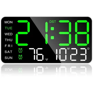 ALEENFOON Digitale Wanduhr,10" Wanduhr Digital mit LED-Anzeige, Datum, Wochentag, Temperatur, Doppelalarm,Einstellbarer Helligkeit und 24/12-Stunden,Digital Uhr für Heim,Büro (Grün)