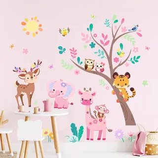 Supzone Wandtattoo Dschungel Tier Baum Wandaufkleber Rosa Elefant Giraffe Wandsticker Safari Tiere Abziehen und ankleben für Mädchenzimmer Kinderzimmer Babyzimmer Schlafzimmer Türen Wanddeko
