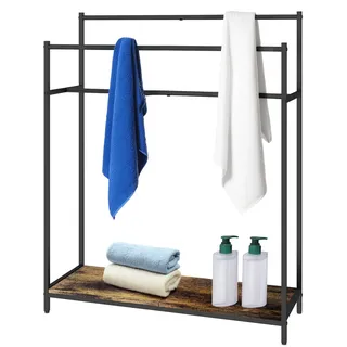 Relaxdays Handtuchständer mit Ablage, HBT: 100x82x29 cm, Industrial, 3 Stangen, Handtuchhalter stehend, braun/schwarz