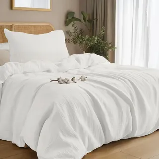 Dreamzie Musselin Bettwäsche 135x200 cm aus 100% Baumwolle – Bettwäsche Set mit 1 Bettbezug und 1 Kissenbezug 80x80 cm – Oeko-Tex Bettwäsche mit Reißverschluss – Weiß