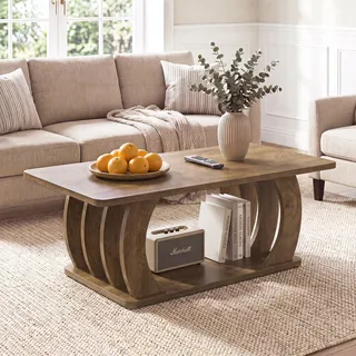 Tribesigns Landhaus Couchtisch, 2-stöckig mit Stauraum | Wohnzimmertisch aus Holz mit geschwungenem Gestell, rechteckiges Akzentmöbel, Braun