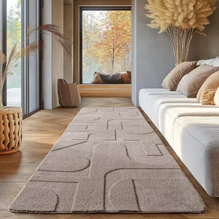 SIMPEX Boho Teppich Läufer 80 x 150 cm Beige, Waschbar & Pflegeleicht, Weicher Skandinavischer Deko Teppich mit 3D-Effekt, Ideal für Flur, Küche oder Schlafzimmer