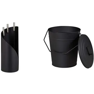 Relaxdays Kaminbesteck modern, 4-teilige Kamingarnitur & Ständer, schwarz & Ascheeimer mit Deckel, Abkühlen und Transportieren heißer Glut, Kamine, Öfen, Grills, 12 Liter, Stahl, schwarz