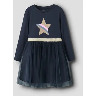 Tüllkleid NAME IT "NMFNASTAR LS DRESS", Mädchen, Gr. 98, N-Gr, blau (navy blazer), Tüll, Obermaterial: 65% Baumwolle, 33% Polyester, 2% Elasthan, Rundhals, Kleider Tüllkleid