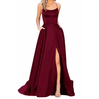 Damen Elegant Lange Ballkleider mit Taschen Satin A-Linie Rückenfreies Hochzeitskleid Abendkleider Sexy Neckholder Spaghetti Brautkleid Kleider Lang Prinzessin Brautjungfer Kleid Mit Schlitz