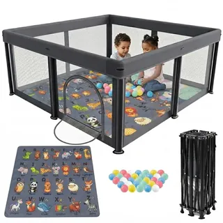 Baby Laufstall faltbar 127x127 cm mit Matte – Tragbares Laufgitter für Babys & Kleinkinder, inkl. 50 Bälle – Sicherer Spielbereich für Indoor & Outdoor