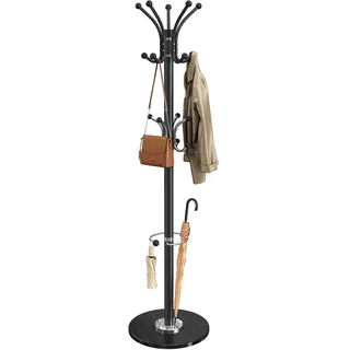 SONGMICS Garderobenständer mit Schirmständer, Drehbares Oberteil, 18 Haken | Kleiderständer aus Metall, Marmorfuß, 37 x 37 x 178 cm, für Flur, Schwarz, ALAN Kollektion RCR091BH01