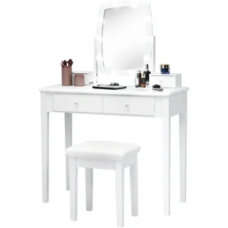 Costway Schminktisch mit 10 dimmbaren verstellbaren LED-Birnen, 360° drehbarem Spiegel und Hocker, Frisiertisch mit 4 Schubladen, Kosmetiktisch mit Beleuchtung, für Make-up, modern, weiß