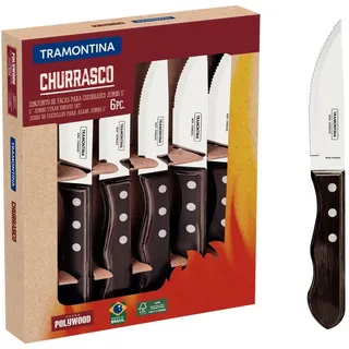 Tramontina JUMBO 6 Steakmesser, Wellenschliff, rostfreier Edelstahl, scharf, spülmaschinenfest, FSC-zertifizierte Holzgriffe, ergonomisch, 6-teiliges Set, Messerset