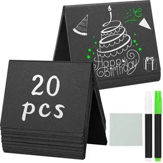 Ibenzoa® 20er-Set Mini-Kreidetafeln aus PVC 100 x 75 mm, V-förmig – wasser- & ölresistent, inkl. 2 Flüssigkreidestifte & Reinigungstuch, für Preis- und Tischkarten - Schwarz