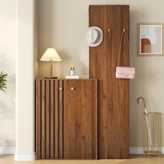 Merax Moderne Garderobe mit Wandmontage, Schuhschrank mit Kleiderstange und Haken, Kompakt-Flurgarderobe mit verstellbare Einlegeböden, Walnuss - Naturbelassen