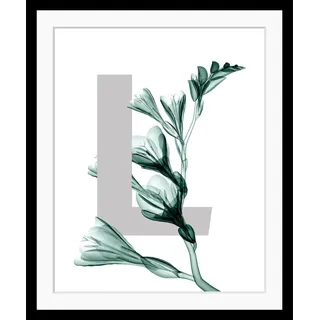 queence Bild "L-Flower" Buchstaben  Pflanzen  Pflanzenbilder Blätter, gerahmt, Blume, farbe rahmen: schwarz, farbe bild(er): grau, dunkelgrün