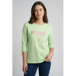 3/4-Arm-Shirt ZWILLINGSHERZ "Moin", Damen, Gr. S/M, grün (neongrün), angeraute Sweatware, Obermaterial: 50% Baumwolle, 50% Polyester, Shirts 3/4-Arm-Shirt, mit Moin Stickerei und Anker, ausgefranste Kanten