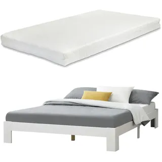 [en.casa] ABVB-5068 Holzbett Raisio - Weiß , 1x Matratze HKSM 160x200 - Weiß