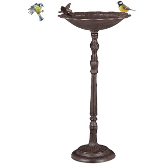 Relaxdays Vogeltränke Gusseisen Vogelbad mit Ständer, Wildvogeltränke für Garten, antikes Design,74,5cm hoch, Braun