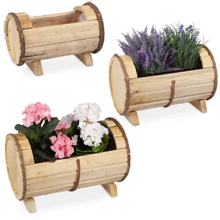 Relaxdays Blumenkasten Holz, 3 Verschiedene Größen, Pflanzkasten Set, draußen & drinnen, Pflanzfass mit Folie, Natur