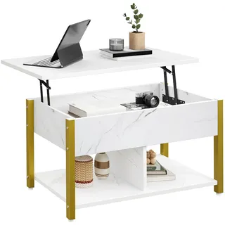 YITAHOME Couchtisch mit Anhebbarer Platte, Leicht Anzuheben, 2-Stufiger Stauraum, Höhenverstellbarer Couchtisch mit Verstecktem Staufach und Ablagefläche für Wohnzimmer, Büro, Weißer Marmor