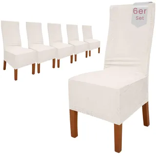 Scheffler Home Stuhlhussen Samt Weiß-Ecru 6er Set Puma – Elastische Stuhlbezüge für Hochlehner und Polsterstühle – Waschbar und formstabil