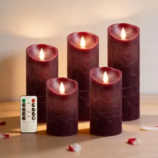 RosMank 5er Set LED-Kerzen, mit 10-Tasten-Fernbedienung, Flammenlos, aus Echtem Wachs, mit Flackernder Flamme, Dekoration für Weihnachten, Geburtstag, Hochzeit und Party, Rot