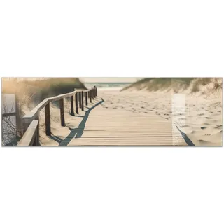 timalo Küchenbild aus Acrylglas modernes Wandbild Glasbild Deko Küche XXL Bild wie Glas | 160x50cm Holzsteg am Sandstrand – Weg durch die Dünen zum Meer, Sonnenuntergang