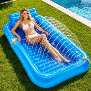 Aufblasbare Tanning Pool,Tanning Pool mit Eingebautem Sprinkler,Luftmatratze Schwimminsel mit Getränkehalter,Luftmatratze Wasser mit Eingebautem Sprinkler für Erwachsene Badebett & Wasserparty