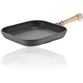 Berndes Classics Grillpfanne Bonanza 24 cm, eckige Pfanne mit 3-lagiger Antihaftversieglung und Holzstiel, robuster Aluguss, antihaft beschichtet, grau, 071031