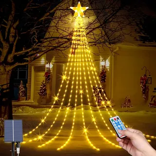 LED Weihnachtsbeleuchtung Außen, LED Solar Weihnachtsbaum Lichterkette, 9*2M 8 Modi 198 LEDs Außen Wasserdicht Christbaumbeleuchtung mit Sterne Fernbedienung für Party, Fest, Weihnachtsbaumdekoration