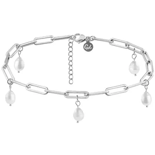 GD GOOD.designs Fußkettchen Silber mit Perlen - Wasserfest - Echte Süßwasserperlen Fußkette für Damen I Größenverstellbar