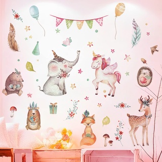 WandSticker4U®- Aquarell Wandsticker Mädchen WALDPARTY (112x76 cm) I Wandtattoo Waldtiere Babyzimmer Einhorn Elefant Fuchs Reh I Wand Deko Kinderzimmer Möbel Aufkleber