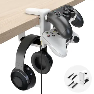 Yiomxhi 2 in 1 Kopfhörer Ständer Controller Halter, 360° Drehbar Headset Halterung Tisch mit Kabel Organizer, Universal Kopfhörerständer Gaming Zubehör (Weiß)