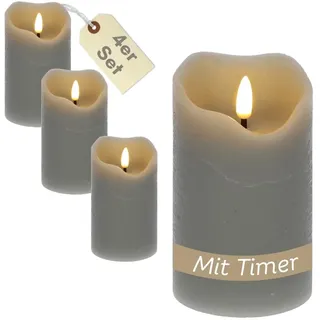 4er Set LED Echtwachskerzen mit Timer Led Kerzen mit Timerfunktion und flackernde Flamme Led Echtwachs Stumpenkerzen flackernd 7,5 x 12,5 cm Grau