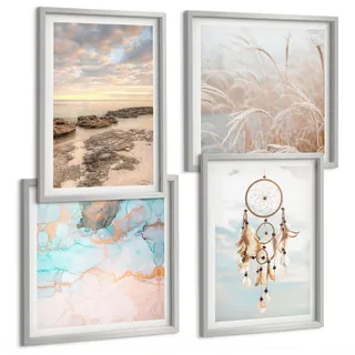 Tulup Bilder SET 4er Set - 50x50 cm & 40x60 cm Silberner Rahmen - Wolkenmeer, Traumfänger, Gras , Silberfarben , Kunststoff , Rechteckig , 50x50 cm , Fotografie , Bilder & Rahmen, Bilder