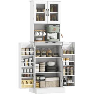 HOMCOM Küchenschrank Buffetschrank mit 4 Türen, Arbeitsplatte Hochschrank mit Verstellbaren Einlegeböden, 8 Türregalen, Kabelloch Moderner Vorratsschrank für Wohnzimmer, Küche 60 x 39,5 x 180 cm, Weiß - Weiß