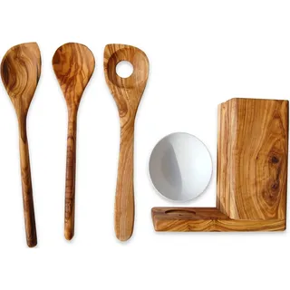 Olivenholz-erleben Kochlöffel-Set aus Olivenholz und Porzellan 5-tlg.