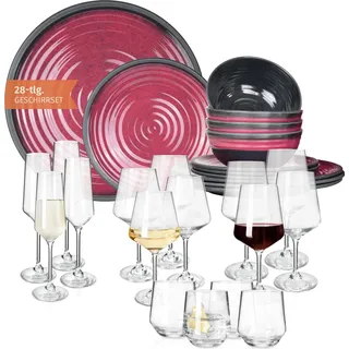 Melamin Camping Geschirr Set 4 Personen Stone Red + 16 Milano Gläser Wassergläser Weingläser Champagner-Gläser Flûtes Tafelgeschirr Picknick BBQ Kochgeschirr