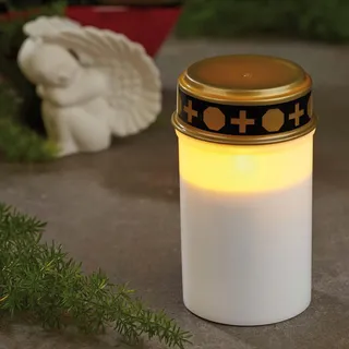hellum LED Grablicht weiß mit Batterie & Timer, Outdoor, mit gelber LED | Grabschmuck wetterfest mit leicht flackernder LED, je Ø7,5 x 12,5cm, elektrische Grabkerzen outdoor, Grabkerze draußen 520385