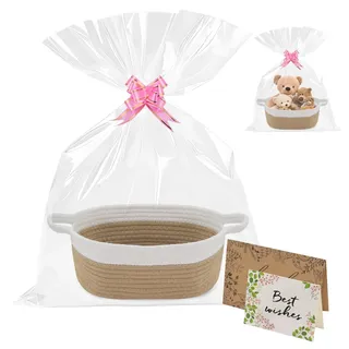 Geschenkkorb Leer, Baumwollsei Präsentkorb Leer mit Geschenktüten Grußkarte und Bändern, Geflochtener Korb Aufbewahrungskorb mit Griff für Geburtstage, Babypartys(Khaki Weiß Kombination)