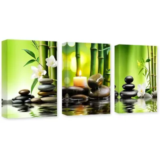 CXHOSTENT 3 Panels Zen-Leinwand-Wandkunst Grüner Bambus Zen-Stein Kerzenbilder Spa-Gemälde Druck Meditation Geist Dekor Rahmen (Zen - 1, 28x35cmx3Pcs)