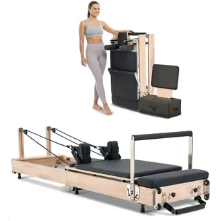 VEVOR faltbarer Pilates Reformer Trainingsgerät aus Gummibaumholz  für Heim-Fitnessstudio, Pilates-Bett mit doppeltem Widerstand – Feder & Kordel, Ausrüstung mit Sitzbox, bis zu 181,44 kg