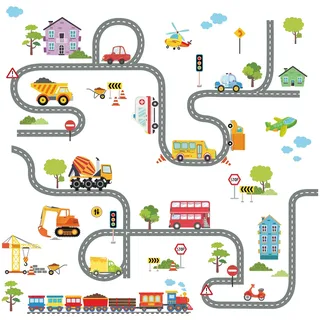 FUFUQUARE Auto Straße Wandaufkleber Cartoon Bau Transporte Fahrzeuge Wandtattoo Schälen und Kleben Abnehmbar für Kinder Kinderzimmer Schlafzimmer Wohnzimmer Spielzimmer